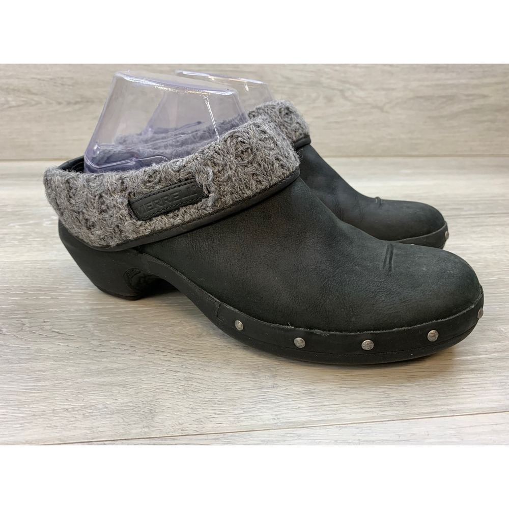 Merrell Encore Moc Pro Black Leather Knit Collar Clogs Trail Shoes Women's 9